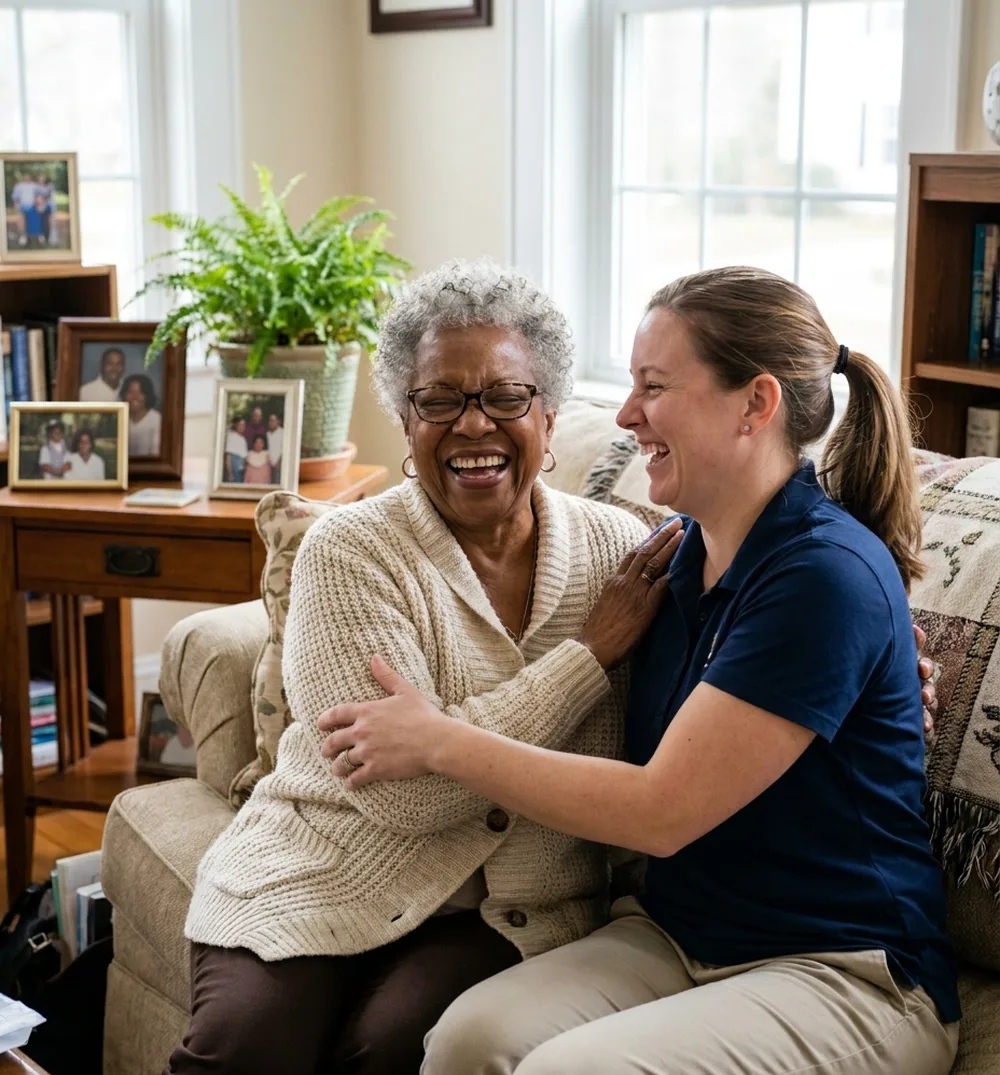 An older woman laughs with her caregiver as they share a hug on the living room sofa.