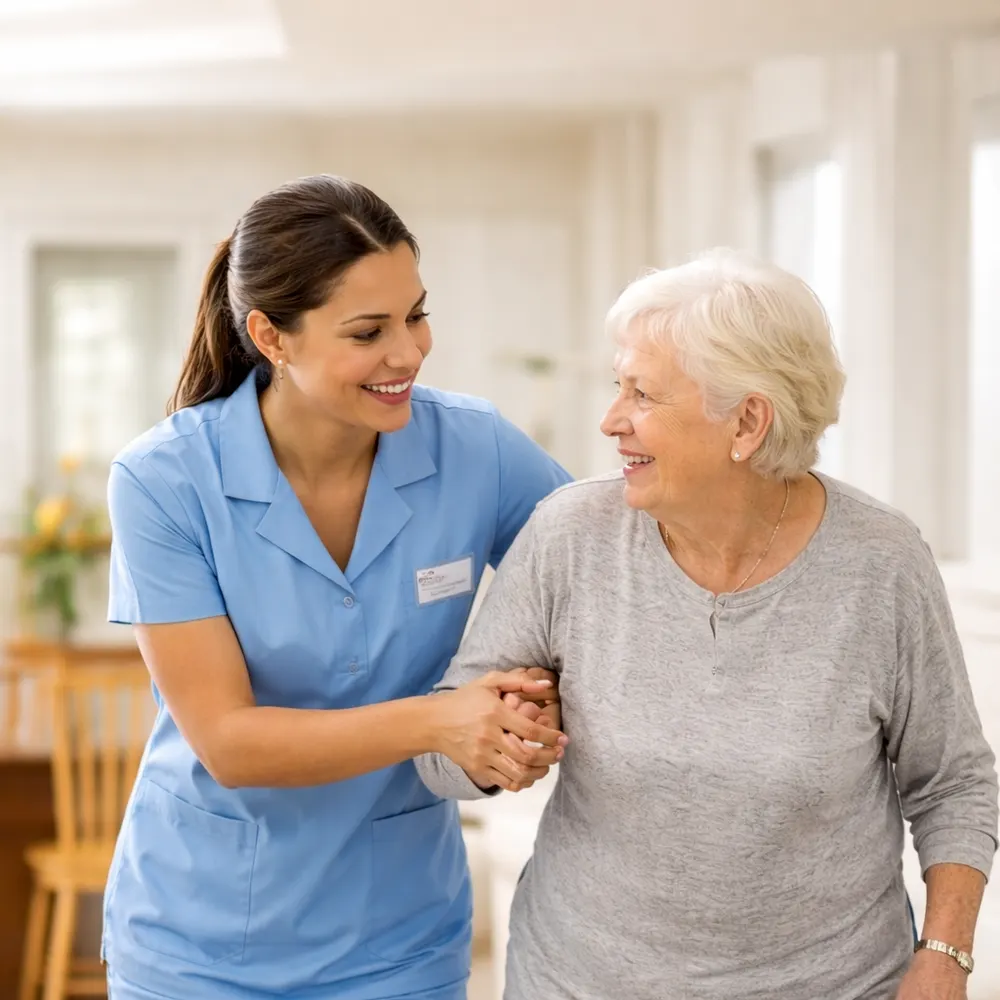 A smiling caregiver sits close to an older woman.